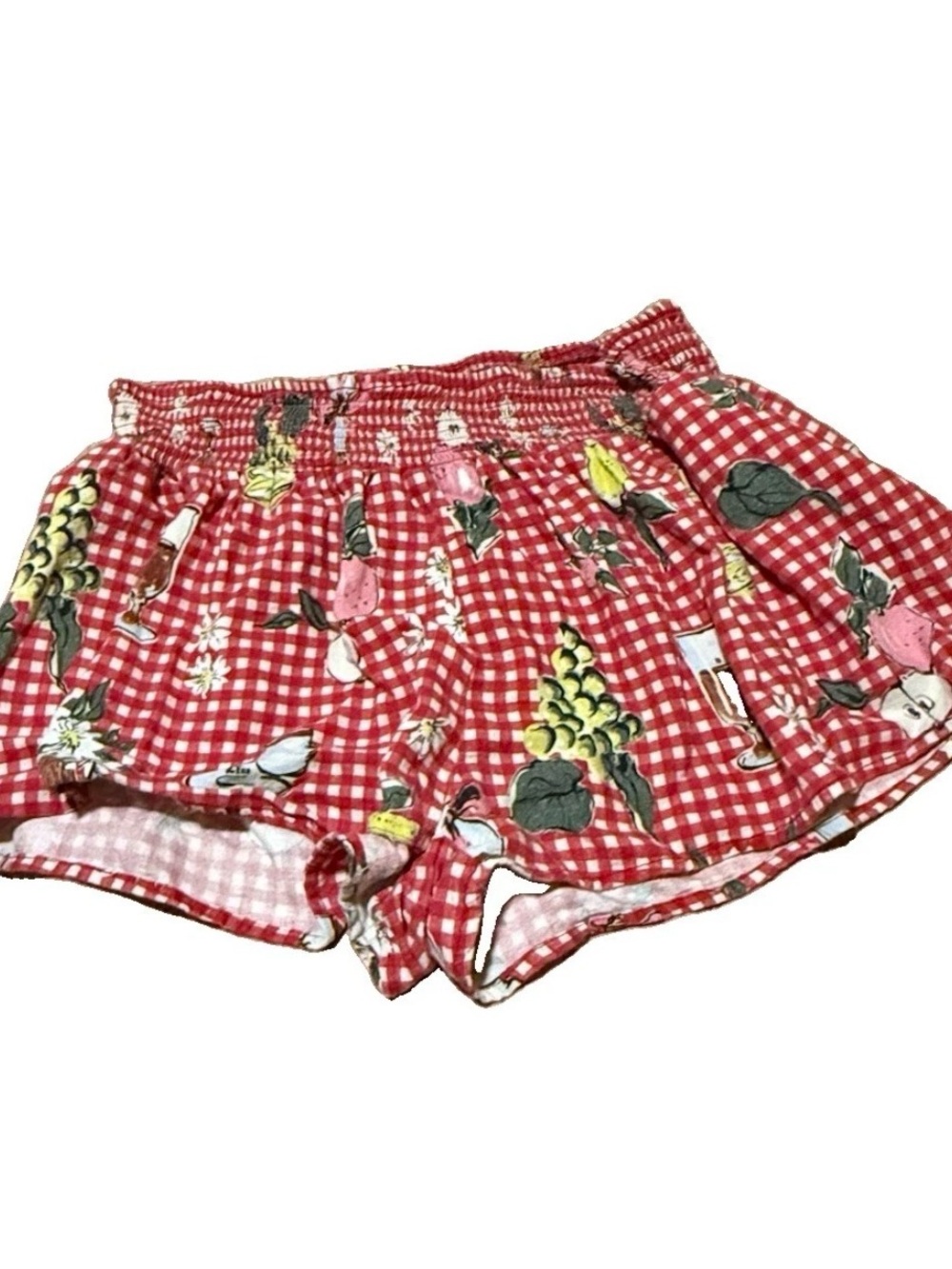 Kimchi Blue Large Wine Checkered Caroline Smocked Waistband Linen Blend Short